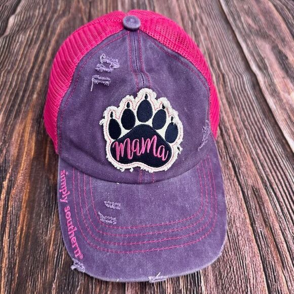Simply Southern Distressed Mama Bear Womens Cap Pink & Purple Ponytail Back - Picture 1 of 7